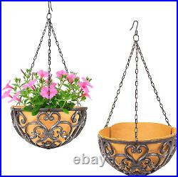 2PC 11 Dia. Large Cast Iron Hanging Baskets WithFabric Liner, Rustic Brown Heavy