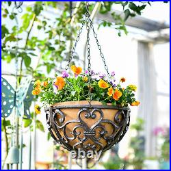 2PC 11 Dia. Large Cast Iron Hanging Baskets WithFabric Liner, Rustic Brown Heavy