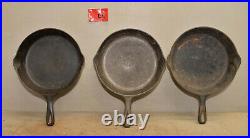 3 Griswold No 8 large & small logo fry pan collectible cast iron cookware lot D6