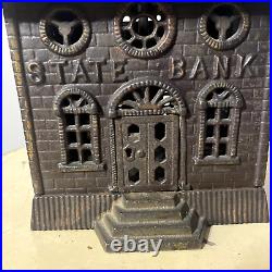 Antique Cast Iron Still Bank State Bank Large with Key