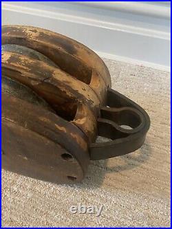 Antique Cast Iron/Wood Double Block and Tackle Pulley Large'S' Maker