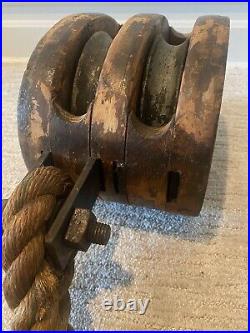 Antique Cast Iron/Wood Double Block and Tackle Pulley Large'S' Maker