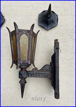 Antique Early 1900s Original Gothic Arts HUGE Cast Iron Municipal Light Sconces