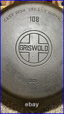 Antique Griswold #108 Large Logo Cast Iron Skillet Griddle, Fully Restored