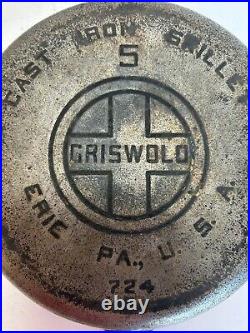 Antique Griswold #5 Large Block Logo Cast Iron Skillet Pan 724 E Erie, PA USA