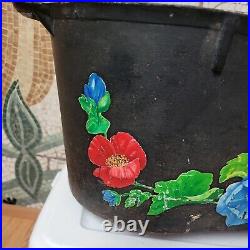 Antique Large Cast Iron Footed Oval marked 8 on bottom painted flowers25x12x10