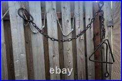 Antique Large Hand Forged Cast Iron Dinner Bell Triangle, Chain, Rod-Rustic Farm