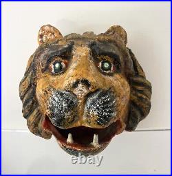 Antique Large Painted Cast Iron Lion / Tiger Head Possibly Circus Or Carnival