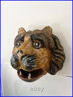 Antique Large Painted Cast Iron Lion / Tiger Head Possibly Circus Or Carnival