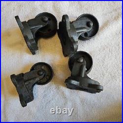 Antique Lot of 4 Matching Large Cast Iron Casters Swivel Wheels 4.5 Industrial