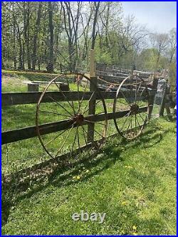 Antique Pair Large Cast Iron Wagon Wheels 56in Tall Garden Driveway Art