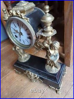 Antique Vtg Large Heavy Cast Iron French Clock Cherub Pink Figural Sevres Gold