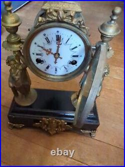 Antique Vtg Large Heavy Cast Iron French Clock Cherub Pink Figural Sevres Gold