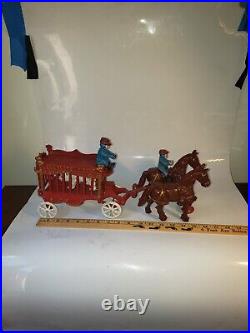 Cast Iron Overland Circus 2 Horse Drawn Wagon And Bear Toy Large 16'