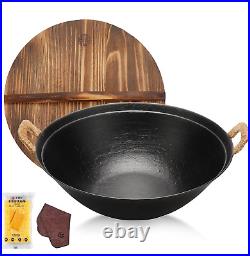 Cast Iron Wok Pan, Handmade Wok 13.4 Large Wok Stir with Dual Handle and Wooden