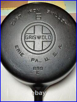 Fully Restored Griswold #6 Cast Iron Skillet Large Logo 699E Seasoned Flat