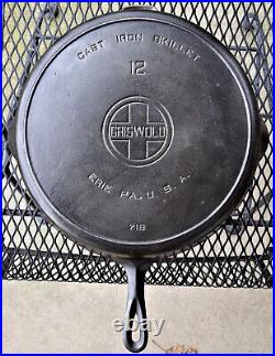 Griswold #12 Cast Iron Skillet 719 Heat Ring Large Block Logo CLEANED NICE