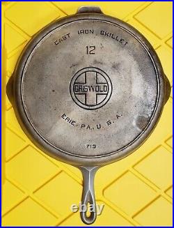 Griswold Cast Iron #12 Large Block 719 Duo-chrome Skillet with Heat Ring 1930s