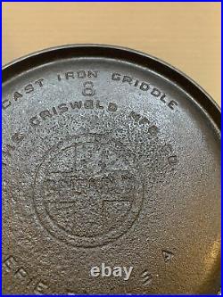 Griswold Cast Iron Griddle #8 Large Logo Sets Level Sulphur Damage/Back 1930