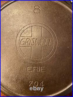 Griswold Cast Iron Skillet No 8 Large Slant Block Logo ERIE 704D Heat Ring-NICE