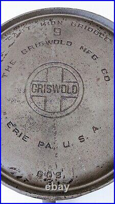 Griswold. No. 9 Cast Iron Round Griddle Large Block Logo 609B