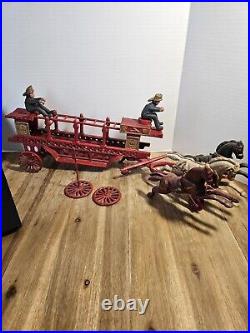 LARGE CAST IRON 3 HORSE DRAWN FIRE WAGON Complete