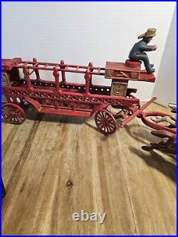 LARGE CAST IRON 3 HORSE DRAWN FIRE WAGON Complete