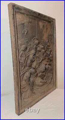 LARGE antique Entombment Christ cast iron Jesus religious wall relief plaque art