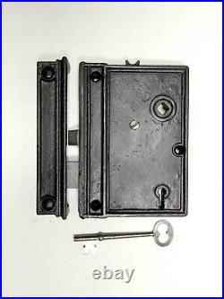Large 5 1/4 High Antique Cast Iron Rim Lock Circa 1885 Restored withKeeper & Key