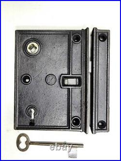 Large 5 Antique Cast Iron Rim Lock Circa 1885 Restored withKeeper & Key