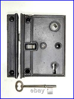 Large 5 Antique Cast Iron Rim Lock Circa 1885 Restored withKeeper & Key