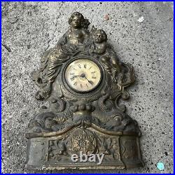 Large Antique Cast Iron & Copper Mantle Clock Cherubs & Harps c. 1906 Not Working