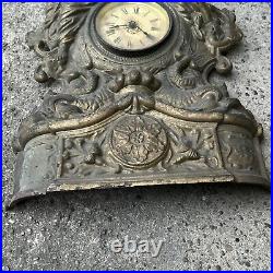 Large Antique Cast Iron & Copper Mantle Clock Cherubs & Harps c. 1906 Not Working