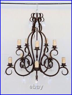 Large Baroque Style Cast Iron and Rock Crystal Ten Light Chandelier