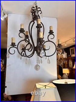 Large Baroque Style Cast Iron and Rock Crystal Ten Light Chandelier