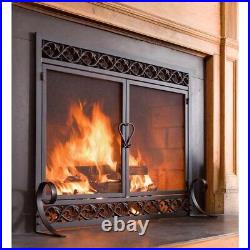 Large Cast Iron and Steel Scrollwork 1-Panel Fire Screen with Doors