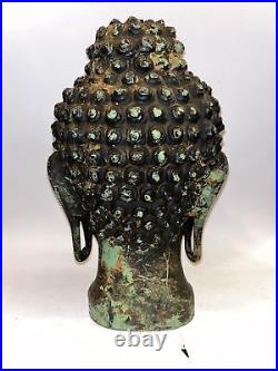 Large Vintage Cast Iron Buddha Head Statue On Fitted Wood Base Estate Find