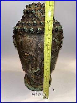 Large Vintage Cast Iron Buddha Head Statue On Fitted Wood Base Estate Find
