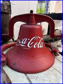 Large Vintage Cast Iron School Bell Painted Red With Coca Cola On It