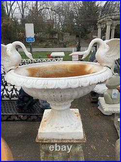 Large Vintage Victorian Cast Iron Urn Planter With Swan Motif Painted Off White