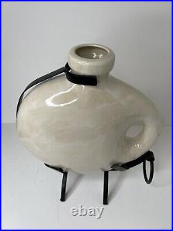 Late 20th Century Large Off-White Handled Vase With Cast Iron Stand