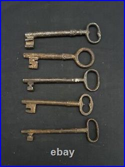 Lot of 5 Large Antique Cast Iron Skeleton Keys