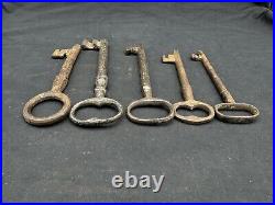 Lot of 5 Large Antique Cast Iron Skeleton Keys