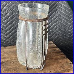 Stunning Large Cast Iron Caged Crackle Glass Brutalist Industrial Art Vase