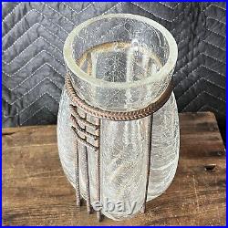 Stunning Large Cast Iron Caged Crackle Glass Brutalist Industrial Art Vase