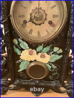 Vintage Antique Large 18.5 Cast Iron Figural Front Wind Up Hand Painted Clock