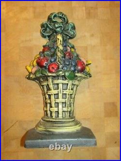 Vintage Cast Iron Flower Basket Door Stop 14 lbs. BEAUTIFUL COLORS LARGE SIZE