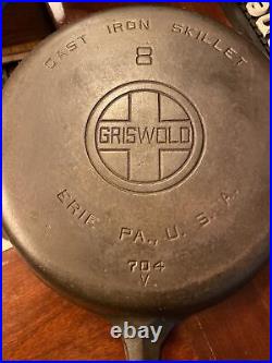 Vintage GRISWOLD #8 Cast Iron Skillet Large Logo 704 V Cleaned