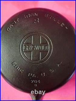 Vintage GRISWOLD No. 8 LARGE Logo Cast Iron SKILLET 704 D Sits Flat, RESTORED