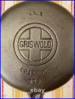 Vintage Griswold #3 Cast Iron Skillet Large Block 709 Grooved marked 1 Handle